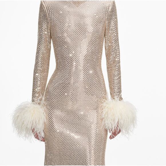 Self-Portrait Champagne Rhinestone Feather Midi Dress US 2 - Picture 4 of 10